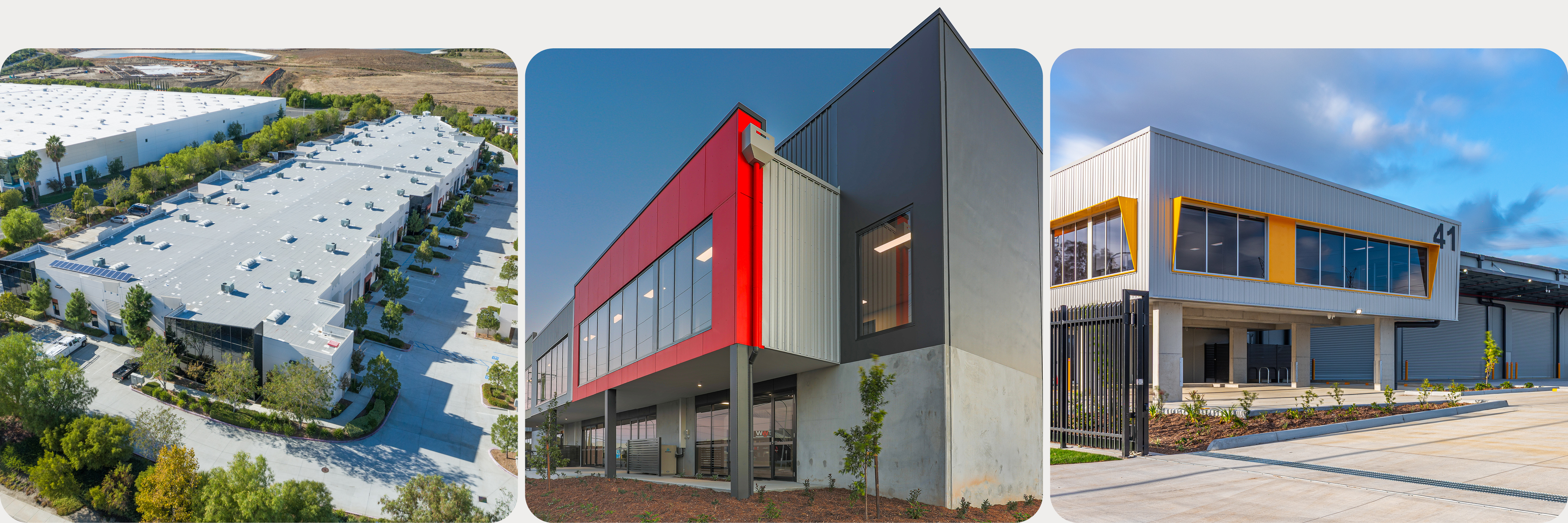 Three examples of commercial properties as investment opportunities. Industrial estates, with warehouse and office attachments. Combined working spaces and storage spaces, which benefit through long term leases, and market stability.